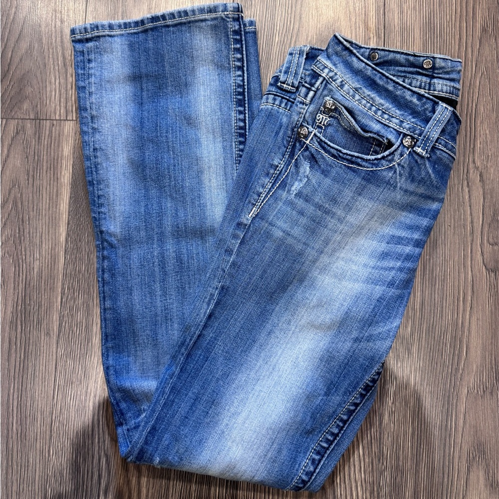 Miss Me Blue Straight Leg Jeans with Black Embellishments - Picture 2 of 4